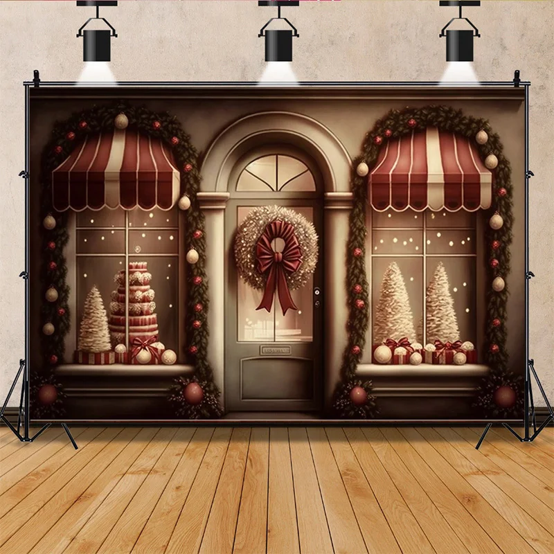 

SHUOZHIKE Christmas Day Photography Backdrops Living Room Indoor Ornament Green Door Wreath Photo Studio Background Props QS-43
