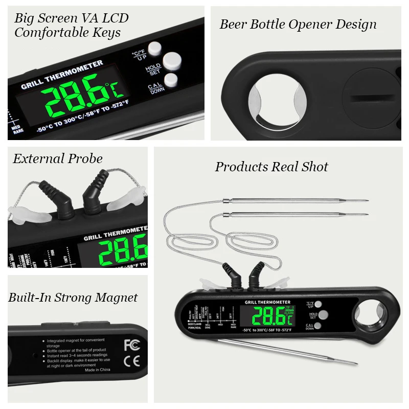 3 in 1 Digital Meat Thermometer, Instant Read Food Thermometer with 2  Detachable Wired Probe, Calibration, Alarm Function, LCD Backlight for  Grilling