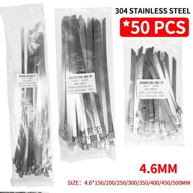 50Pcs 304 Stainless Steel Cable Ties, Self-Locking Anti-Rust Metal Zip Ties for Electrical Wiring Harness, Heavy Duty 1