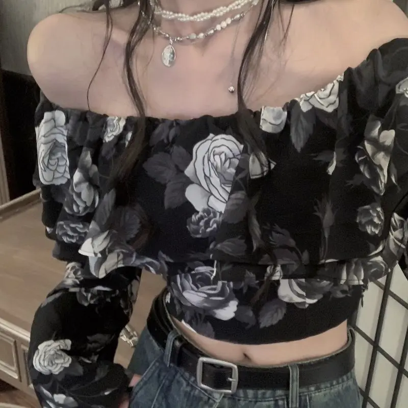 

Deeptown Sexy Flowers Chiffon Blouse Women Harajuku Gyaru Cropped Shirt Off Shoulder Korean Style Long Sleeve Ruffle Top Elegant