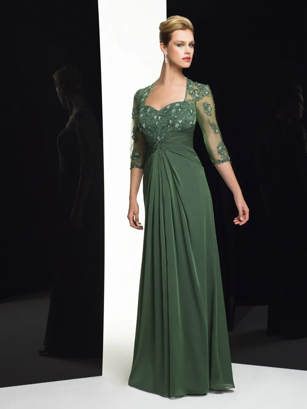 Vestido de madre de la novia verde oliva, corte en A, manga 3/4, talla  grande, apliques de gasa, encaje, cuentas, ceremonia, vestido de noche para  madre - AliExpress, image size:1000x1333