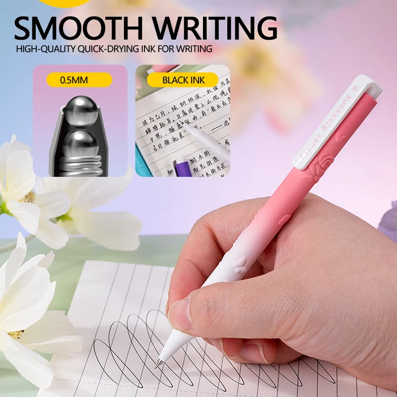 4 Pcs/Box Flower Relief Design Gel Pen 0.5mm Black Quick-Dry Ink Smooth Writing Pen for School Students & Office Stationery
