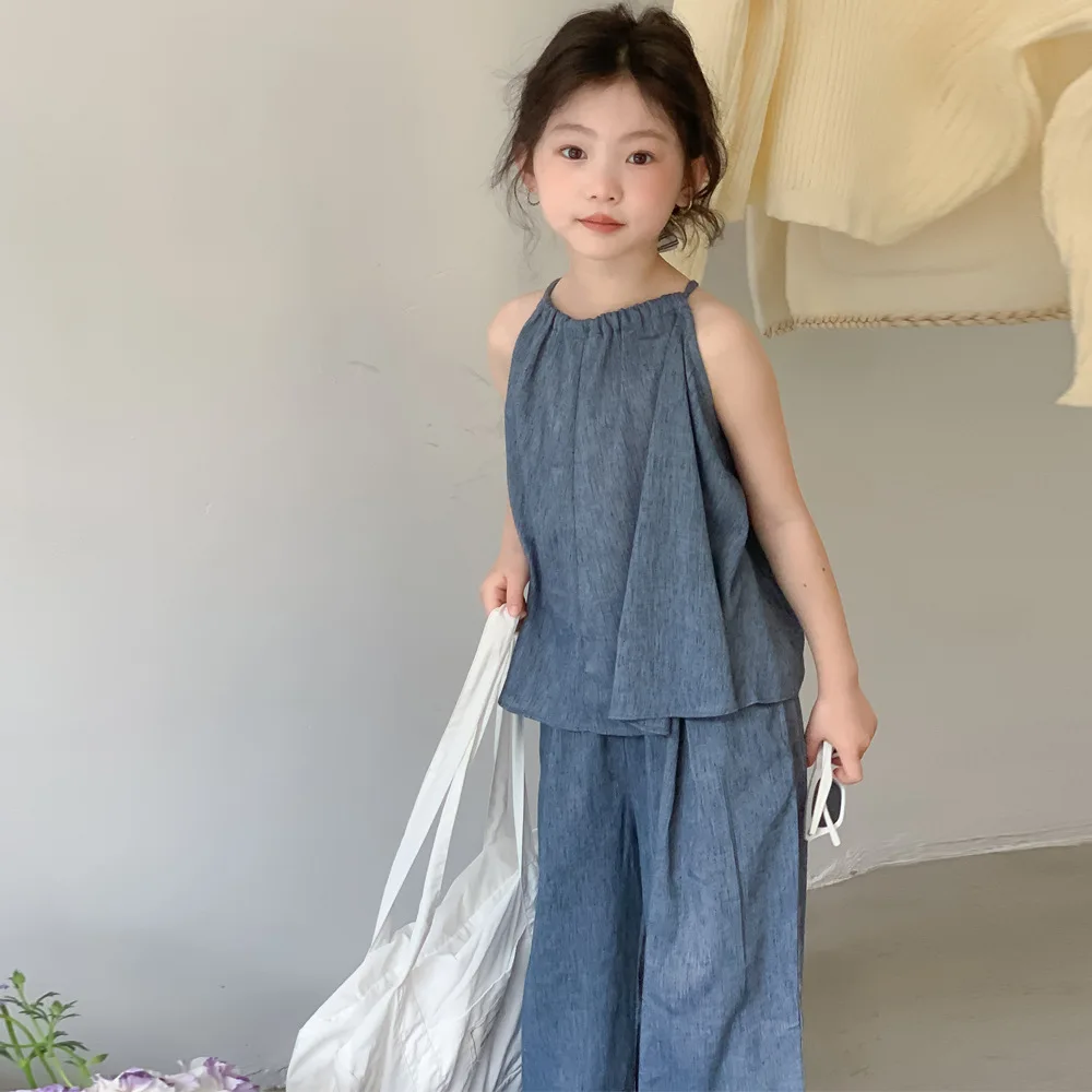 

South Korea children's wear 2024 summer girls blue halter wide-leg trouser suit CuHK Girl Treasure cool two-piece set