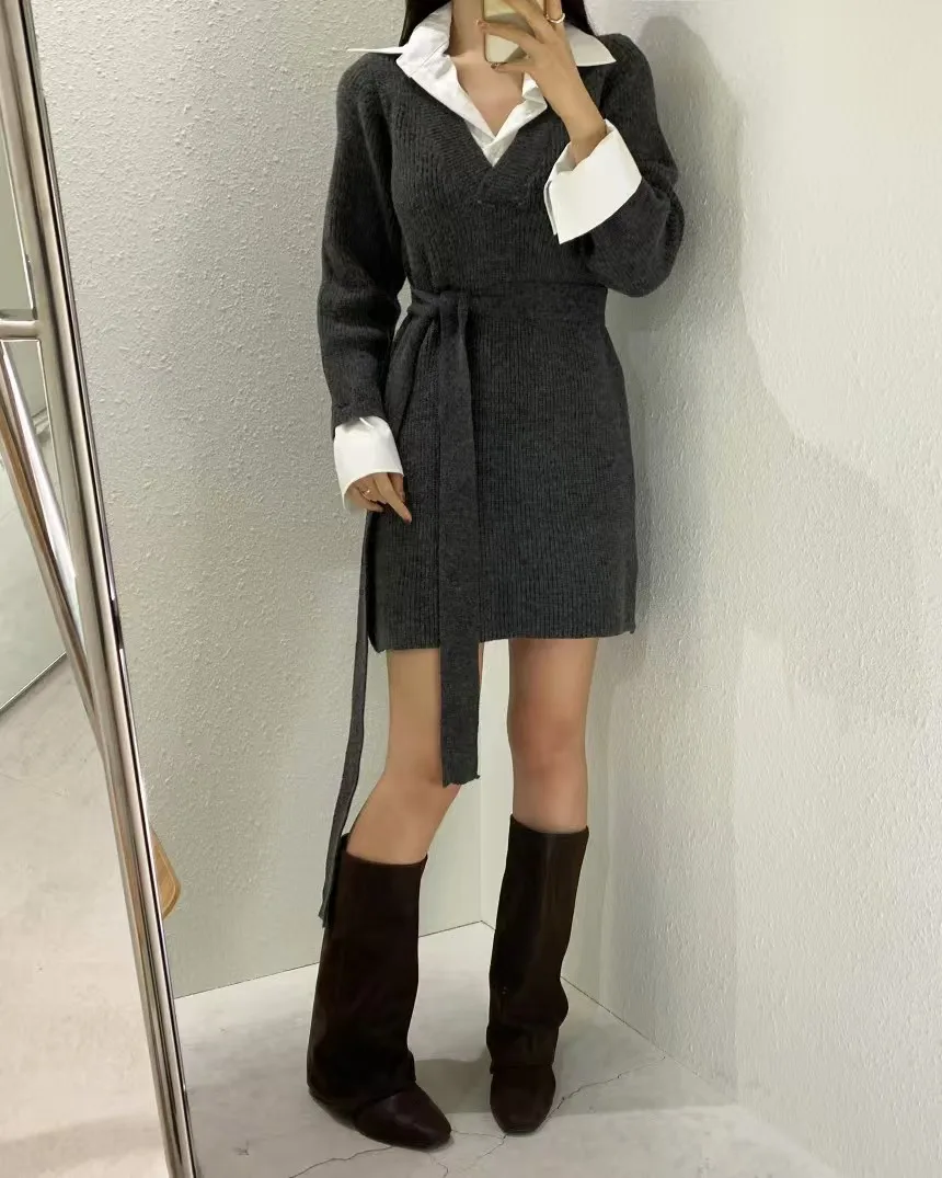 Korean Chic Mini Dresses Women Turn-down Collar Long Sleeve Shirt Patchwork Autumn Winter Knitted Dress Casual Fashion Vestidos