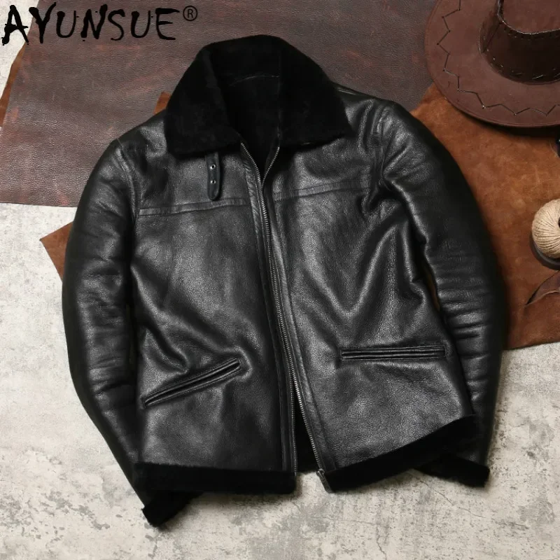 

AYUNSUE Genuine Leather Jacket Men Real Fur Coat Winter Flight Shearling Jacket Nature Sheepskin Fur Coat Leather Jackets J4976