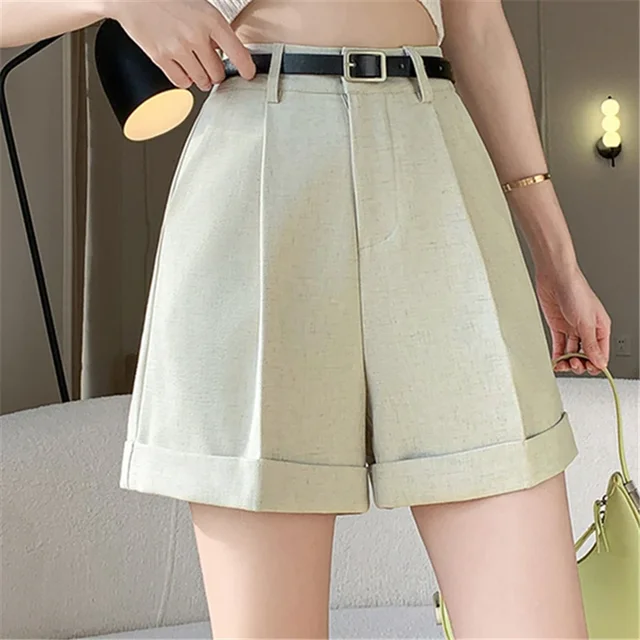 High Waist Wide Leg Shorts 2025 New Elegant Office Lady Style Casual Solid Color Pockets Minimalism Short Pants Female