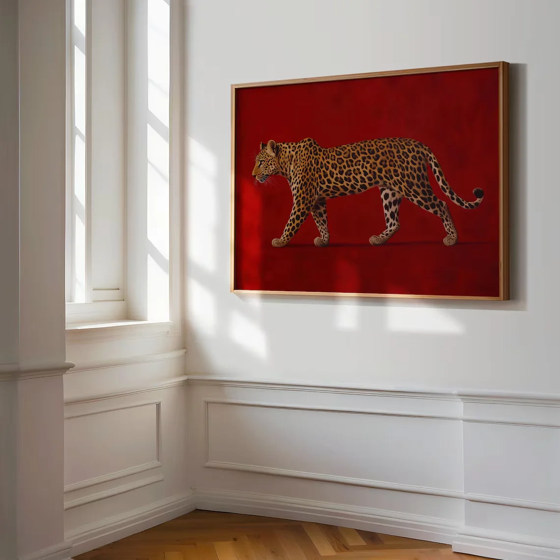Red Leopard Oil Painting - Framed Poster, Burgundy Vintage Artwork, Luxe Masculine Decor