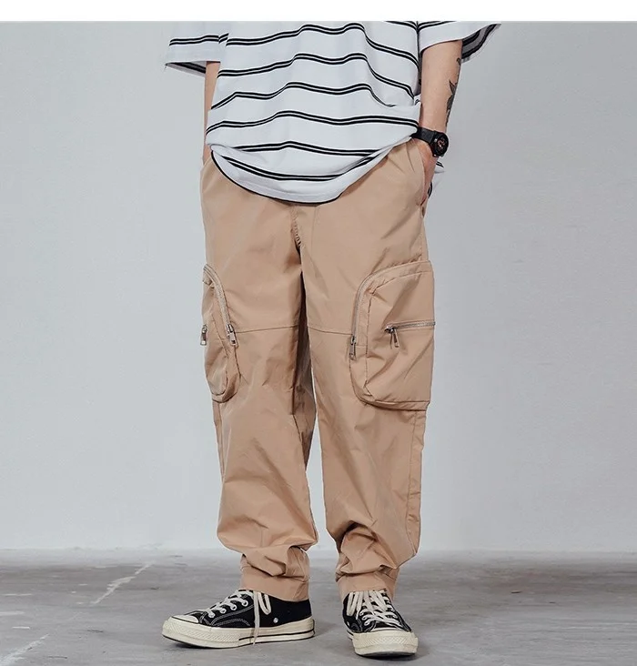 Casual Man Loose Elastic Waist Trousers Streetwear Pockets Cargo Pants Men Techwear Tactical Functional Pants tan cargo pants