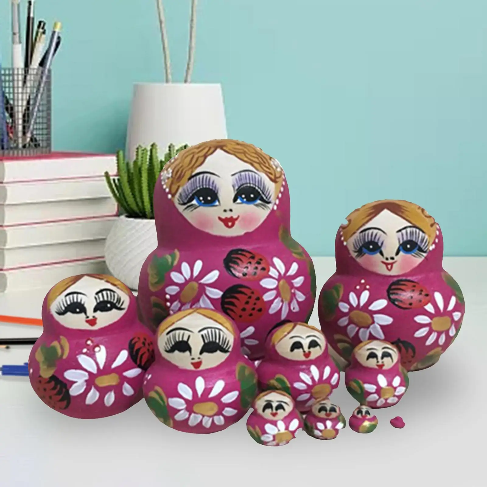 

10Pcs Wooden Russian Nesting Doll Figures Handmade Matryoshka Dolls Stackable for Home Easter Halloween Table Birthday