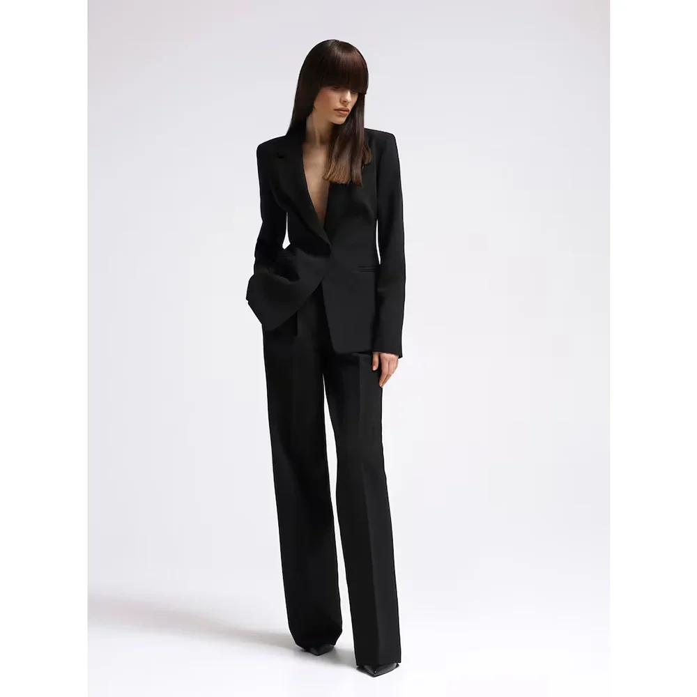 Women Suits 2 Piece Chic Notch Lapel One Button Solid Slim Wear Elegant Smart Casual Daily Formal Office Lady Pants Sets