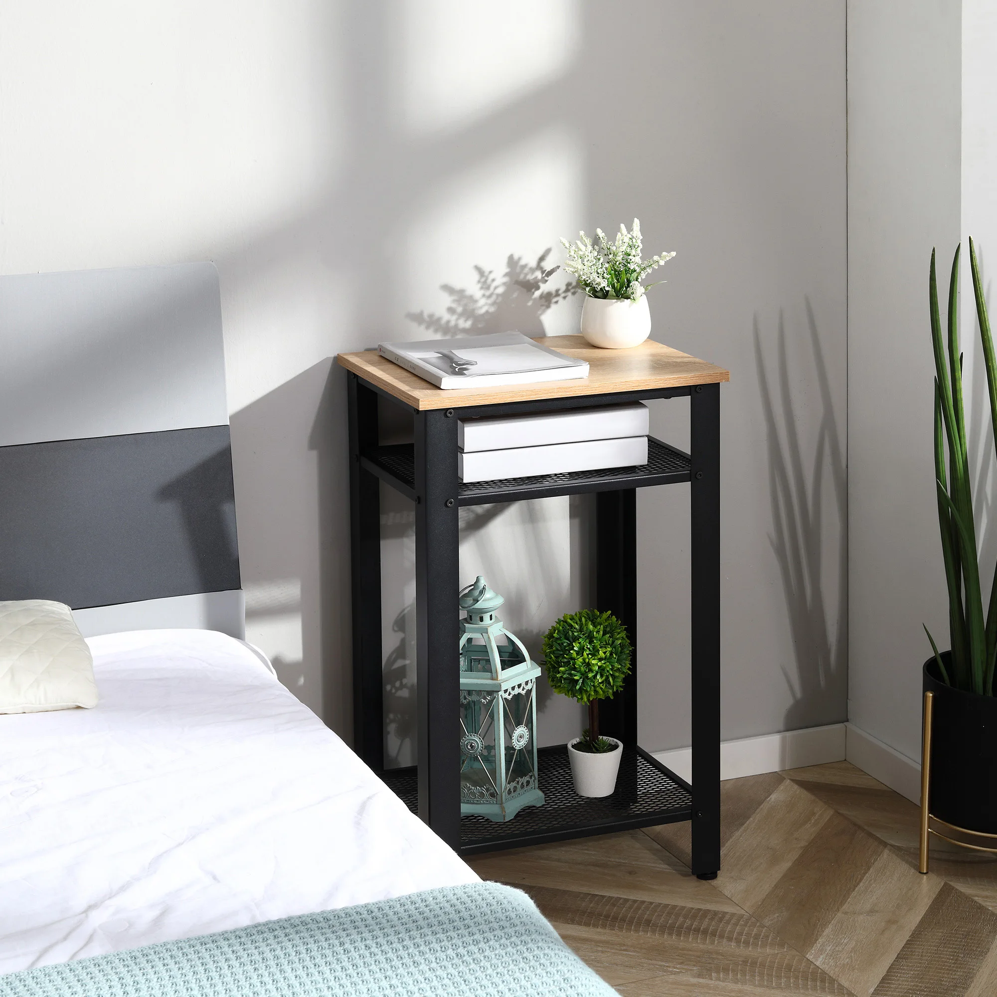 HOMCOM Comodino con Cassetto e Ripiano Aperto in Legno Bianco e Rovere
