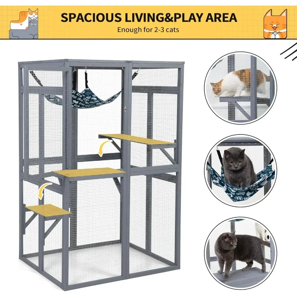 Cat House Outdoor Cat Enclosure Window Access Wood House Shelter Kitty Cage 3 Platforms For Patio Indoor Cats Cages