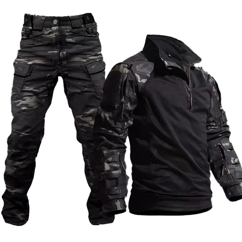 Men's Hiking Tactical Suit Outdoor Durable Breathable T-shirt Loose Pants G3 Frog Camouflage Set Multi-Pocket Waterproof Suits
