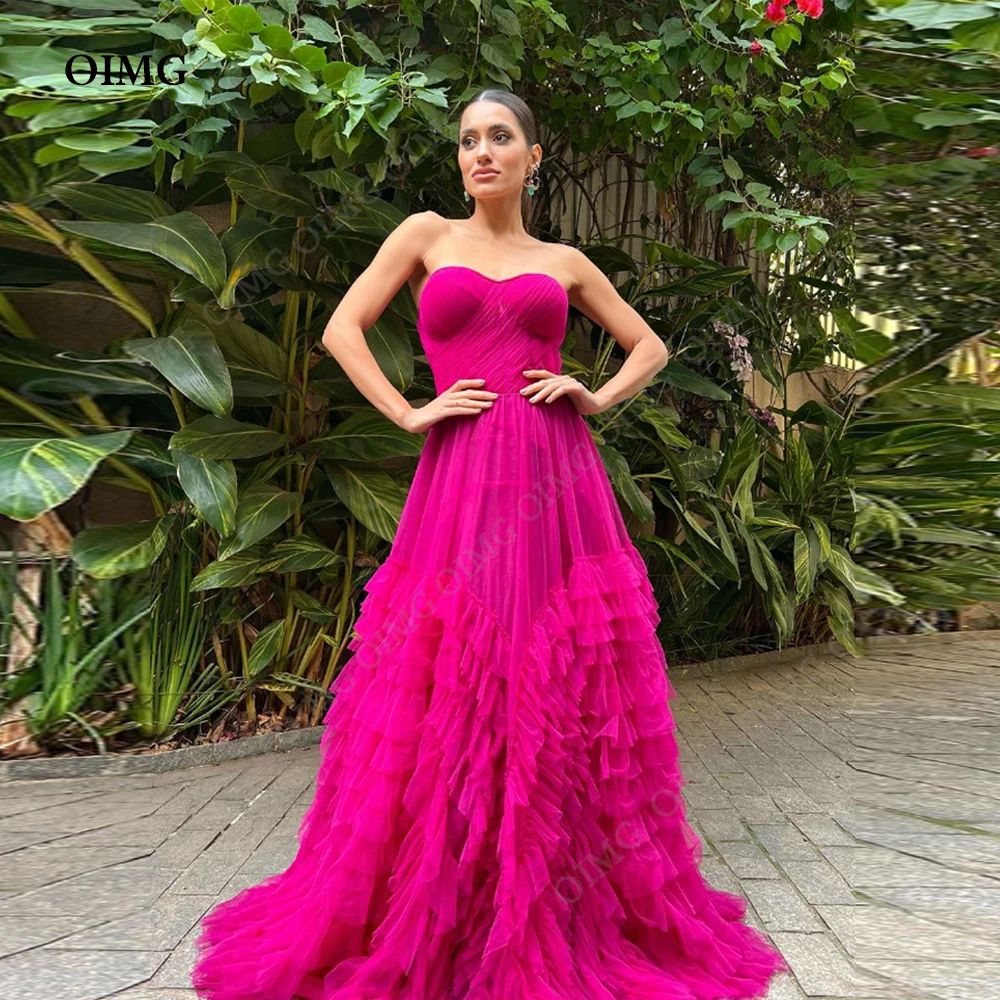 

OIMG Fuschia Long Sleeveless Custom Prom Dresses Strapless A-Line Tulle Tiered Long Evening Party Gown for Graduation Dress 2024