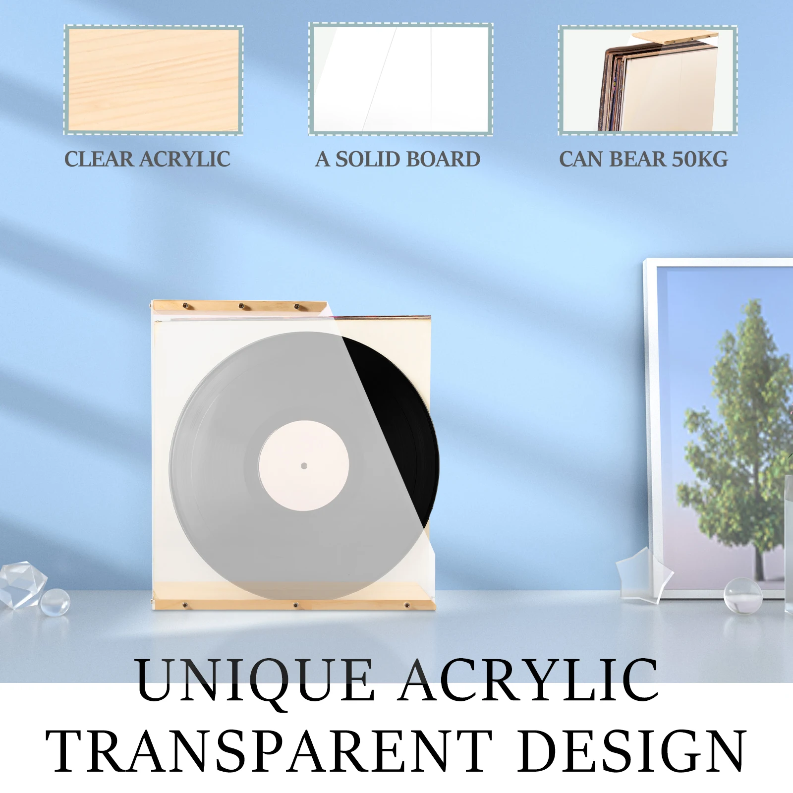 Vinyl Record Storage Holder Transparent Acrylic Solid Wood Display Holder Tape Books Files Storage Organizer Desk Storage Shelf 3