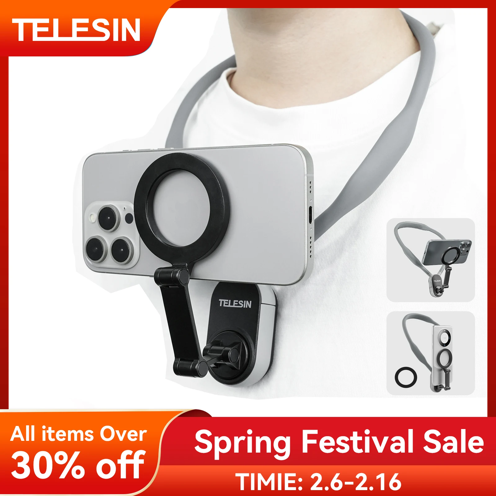 Telesin-silicone Magnético Neck Mount Quick Release Segure para Iphone 15 14 13 12 11 10 Samsung Huawei Xiaomi Acessórios do Telefone