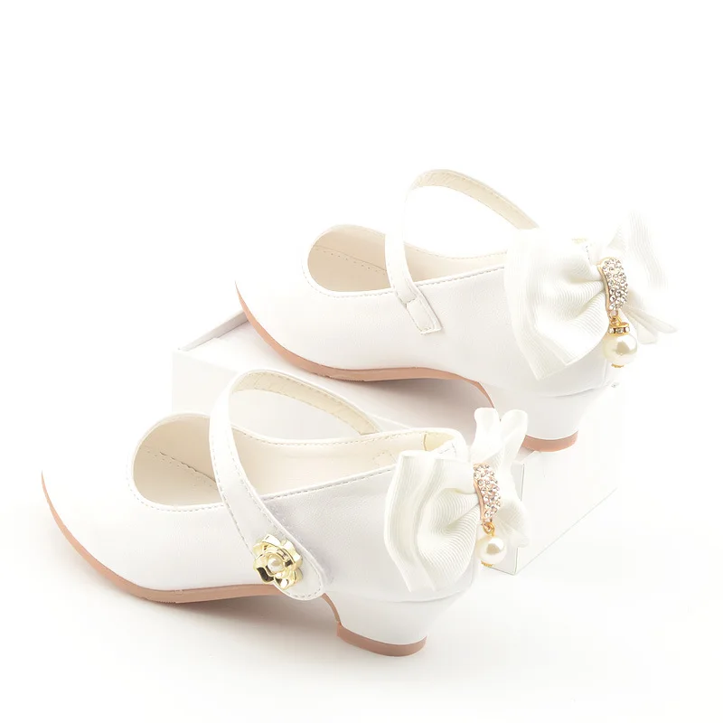 Children Party Leather Shoes Girls PU Low Heel Lace bowtie Single Dance Dress shoe For Girls