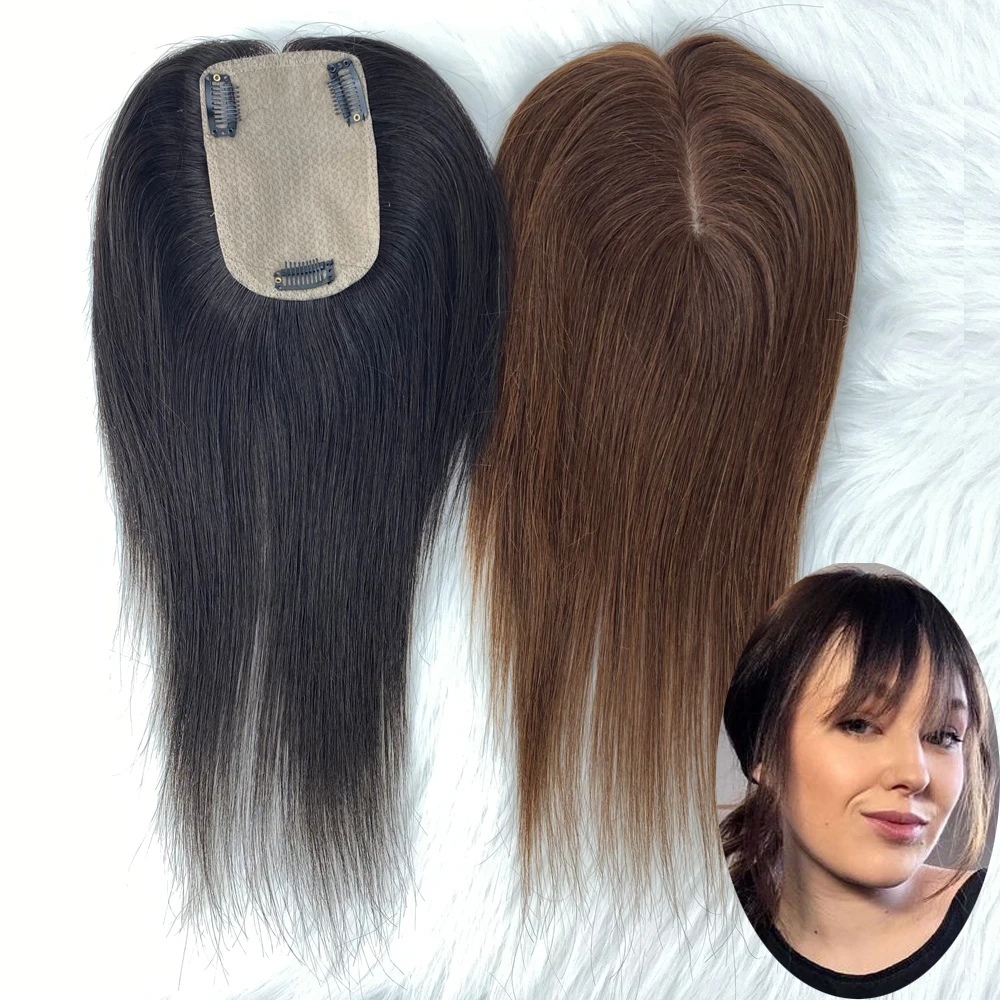 

9X14cm Remy Human Hair Toppers For Women 3 Clips In Hairpieces 4D Fringe Bangs Topper Natural Scalp Top to Hide Bald White Hair