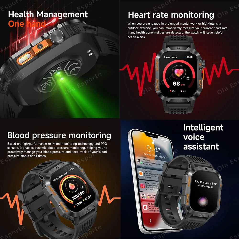 2026 New Smart Watch Men's Outdoor Watch 2.01Inch Voice Assistant Bluetooth Call with LED Flashlight IP68 Waterproof Smart Watch 4