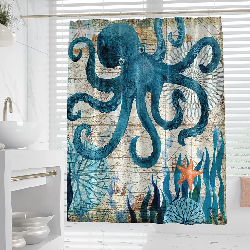 

Octopus Shower Curtains Marine Organism Bathroom Curtains with Hooks Easily Hanging Waterproof Polyester Fabric 180x180cm