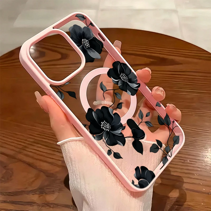 Elegant Black Floral Magnetic Phone Case – Stylish and Protective Smartphone Cover