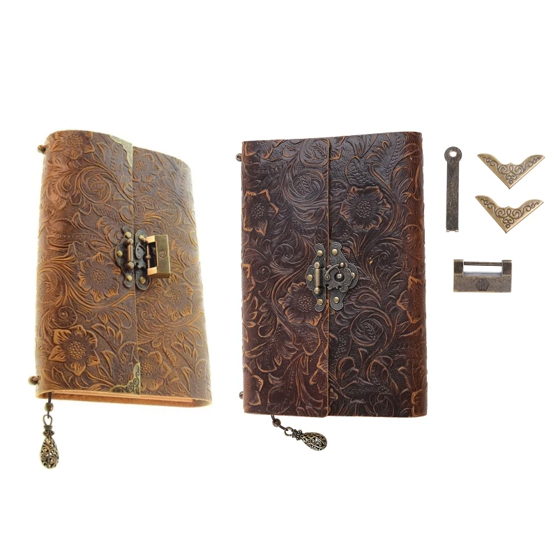 

Y1UB Embossed Pattern Soft Leather Travel Notebook with lock for Key Notepad Kr
