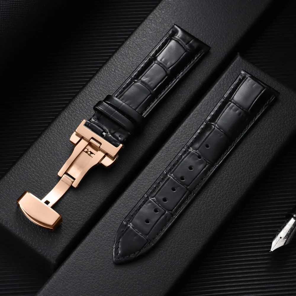 Elegant Leather Watchband with Butterfly Buckle - Universal Strap for Business & Casual Wear