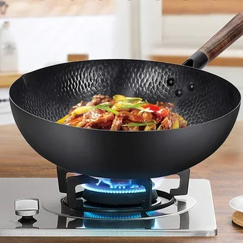 32cm Traditional Iron Wok Carbon Steel Wok Pan Non-stick Kitchen Cookwar Woks and Stir Fry Pans with lid for All Stoves