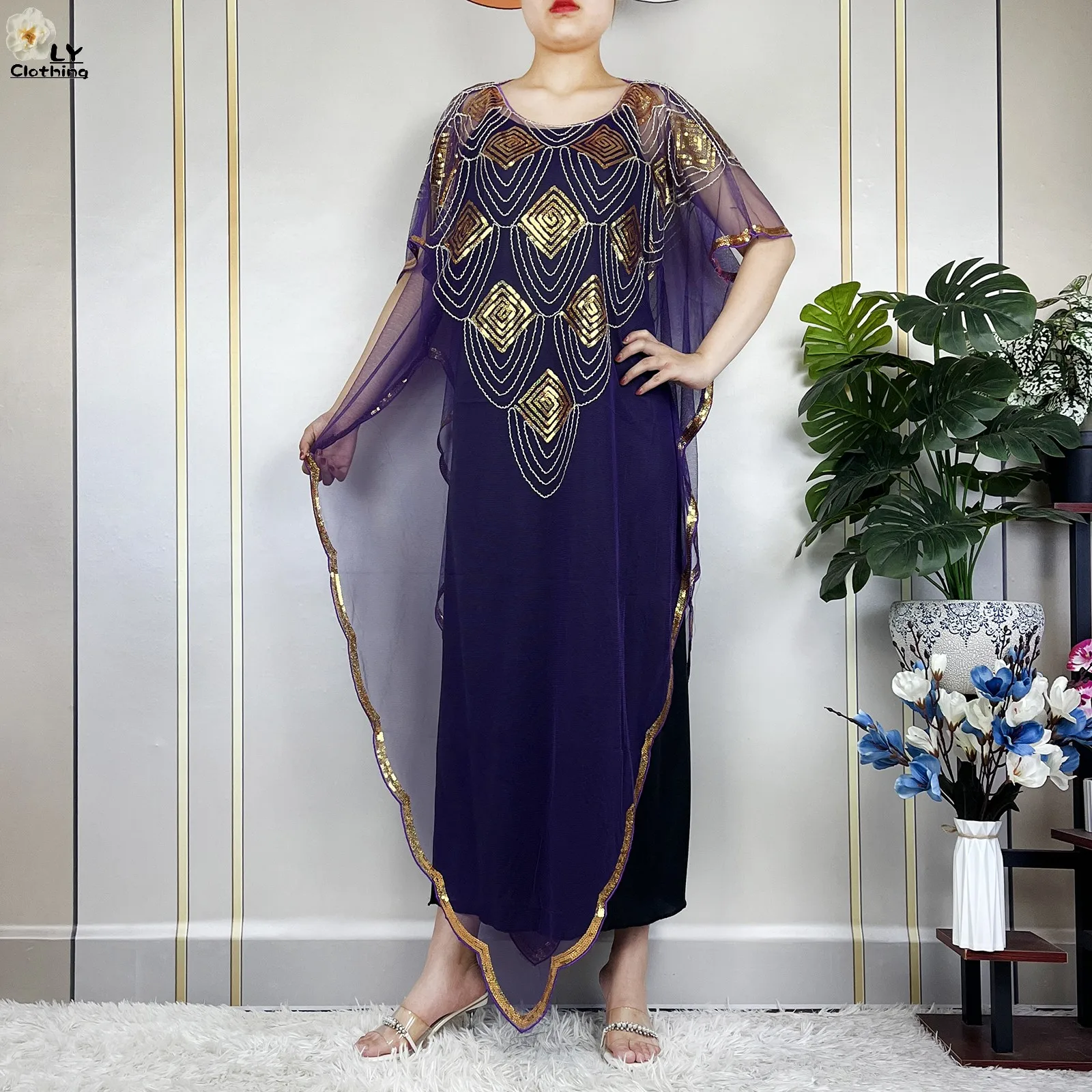 New Summer African Women's Fashion Gown Chiffon 2023 Muslim Dubai Batwing Sleeve Sequins And Fringes Loose Femme Versatile Dress