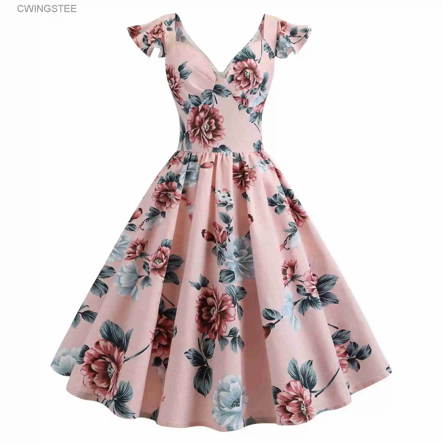 

50s Flare Sleeve Cotton Vintage Pleated Dress Elegant Floral Print Retro High Waist Women Summer Flare Swing Pinup Tunic Dresses