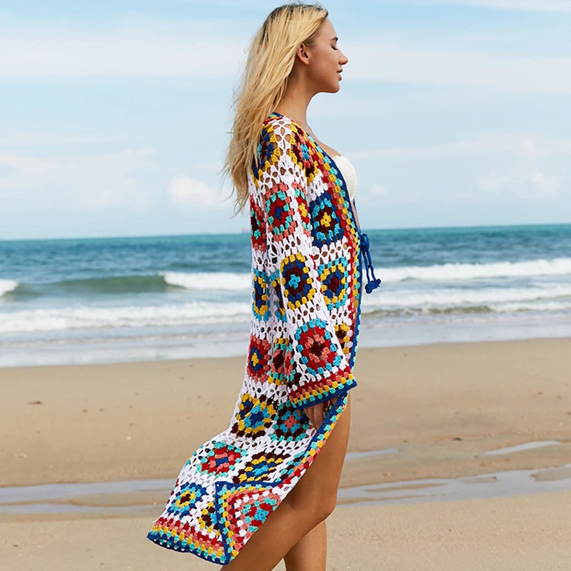 

Women Colorful Long Cardigan Swimsuit Dress Elastic Crochet Beachwear Cover Up Female Hollow Out Knit Party Maxdress