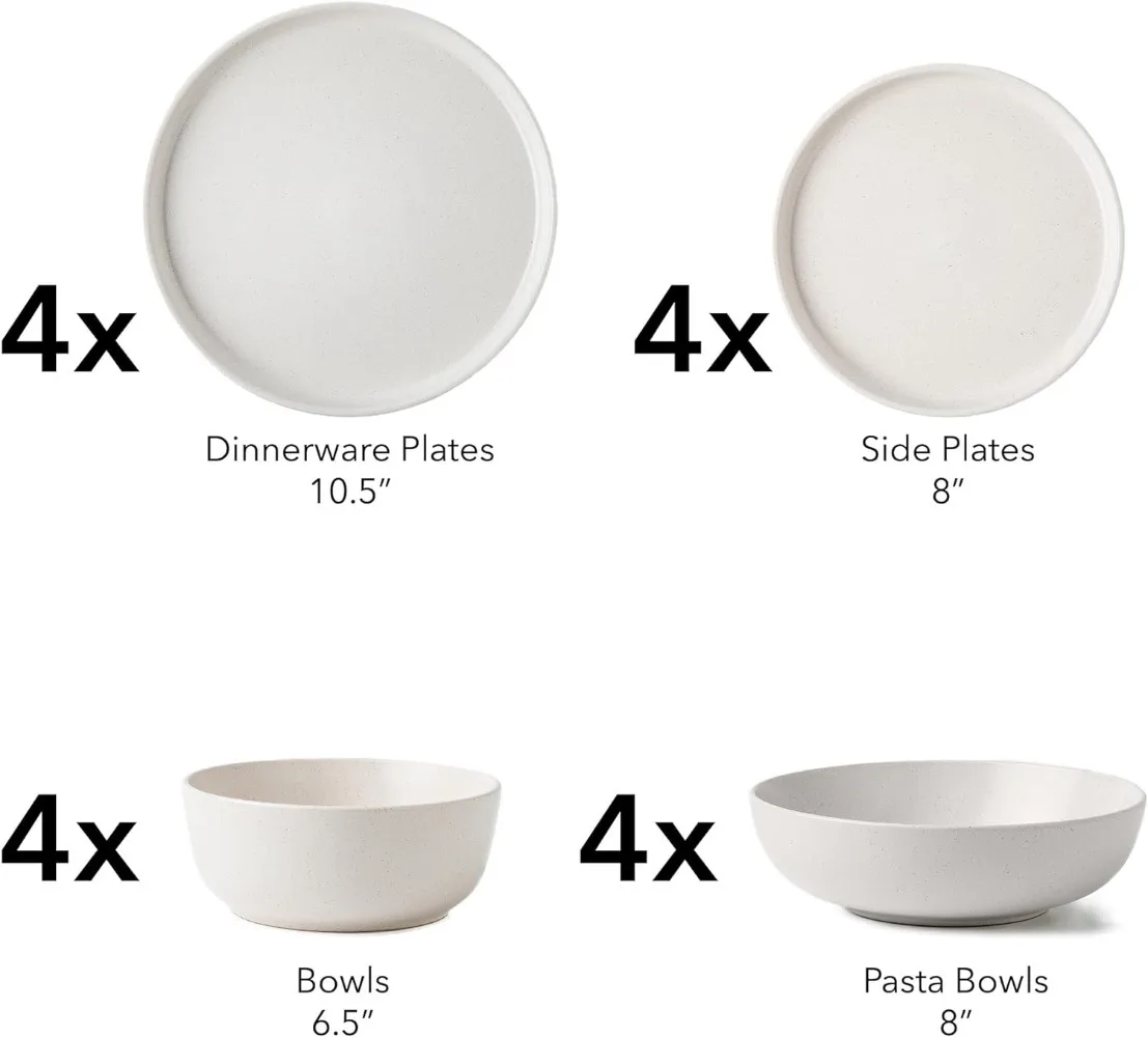 ARORA SKUGGA Round Stoneware 16pc Double Bowl Dinnerware Set for 4, Dinner and Side Plates, Cereal and Pasta Bowls-Matte White