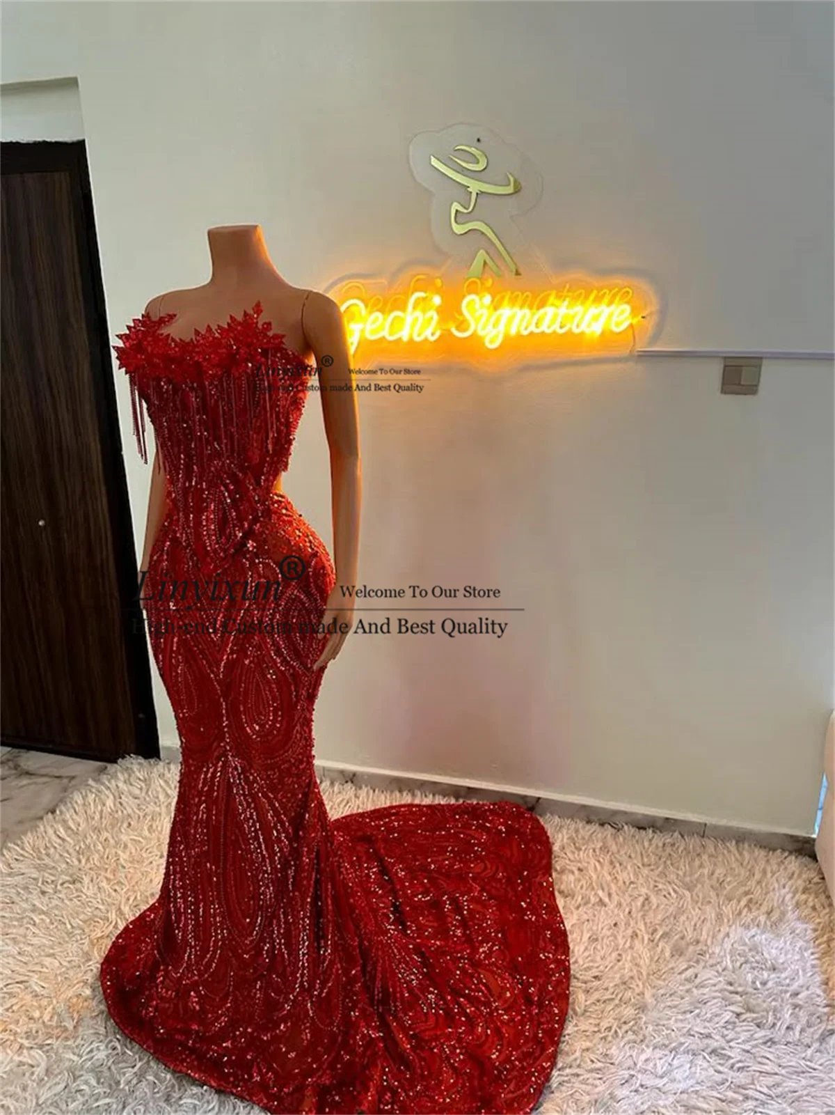 Prom Dress Sparkly Beaded Sequins Mermaid Prom Dresses Luxury Tassels Evening Party Gowns Black Girl
