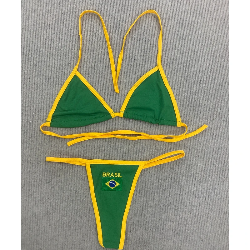 Women's Brasil Flag Print Bikini Set, Halter Triangle Top + Tanga Bottom, Brazilian Flag Two-Piece Swimwear, Y2K Beachwear 2