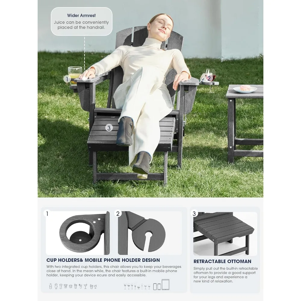 Folding Adjustable Adirondack Chair with Ottoman & 2 Cup Holders Set of 4,Multifunctional Adirondack Chair with Footrest 3