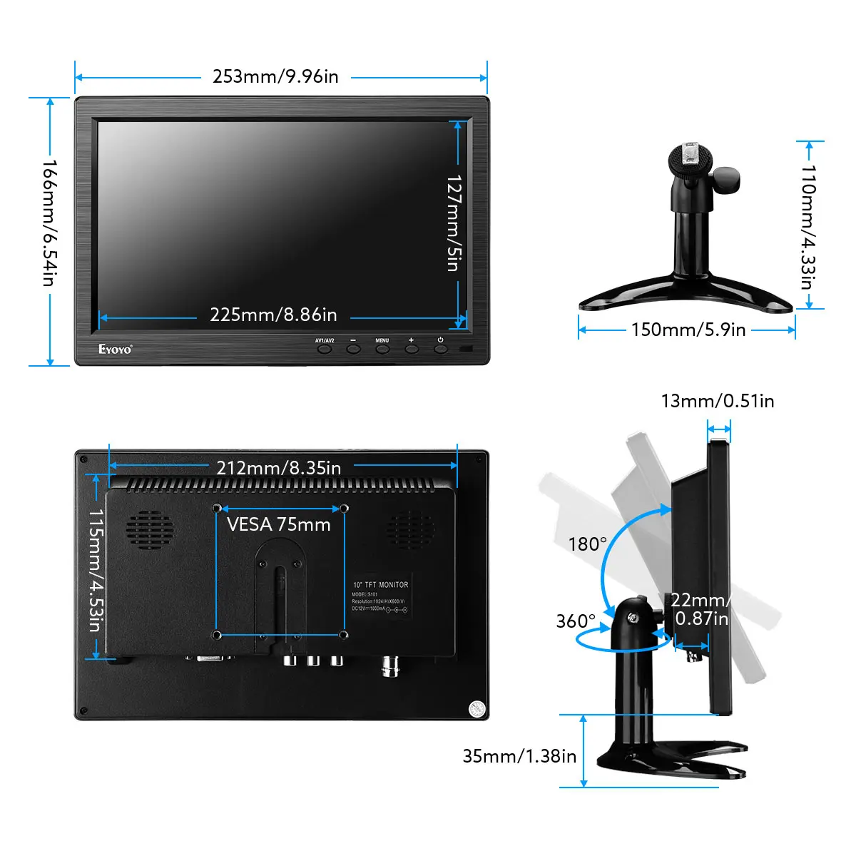 car tv screens with bluetooth Eyoyo 10 inch IPS HDMI 1024x768 CCTV Security Monitor HDMI Small TV Computer Display for PC LCD Screen 4:3 with BNC HDMI VGA AV rear view mirror monitor