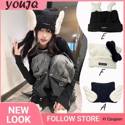 Harajuku Y2k Angel Wings Black Beanie Hats for Women Gothic Punk Winter Warm Lamb Wool Bucket Hat Chic Streetwear Bonnet Gorras
