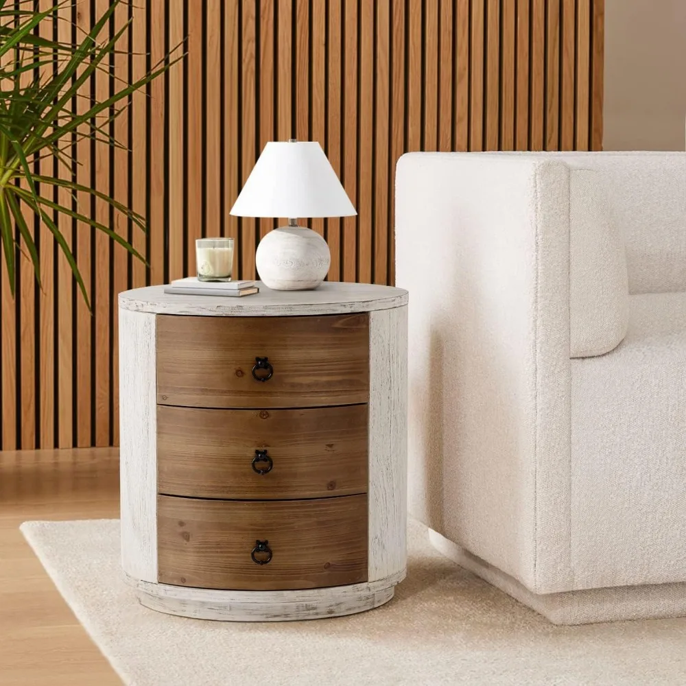 3-drawer wooden storage cabinet, 20" mdf round cabinet with vintage whitewash finish, nightstand with drawer, wooden bedside tab 4