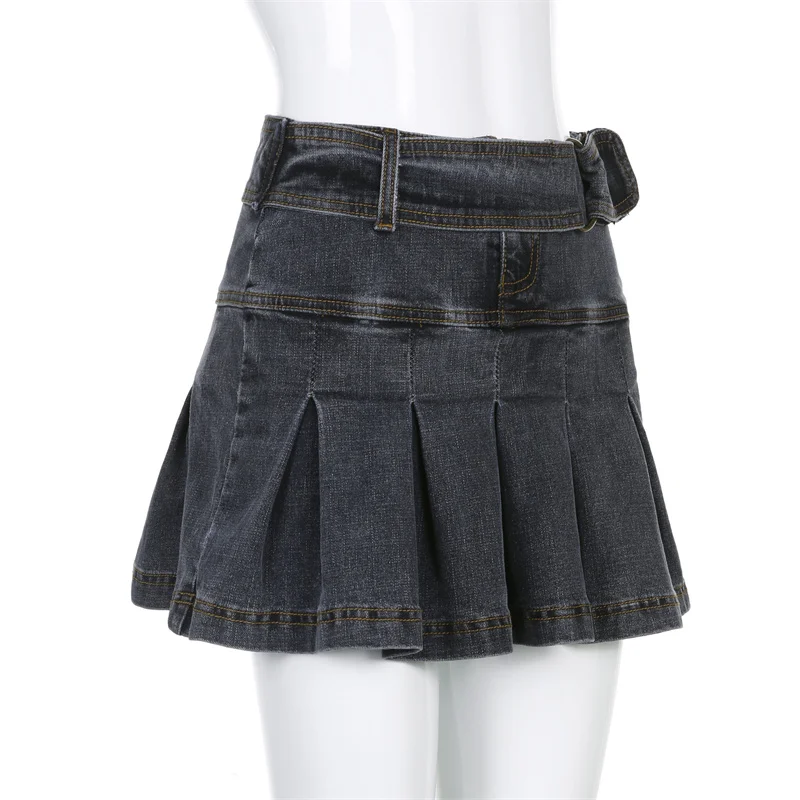 black pleated denim mini skirt
