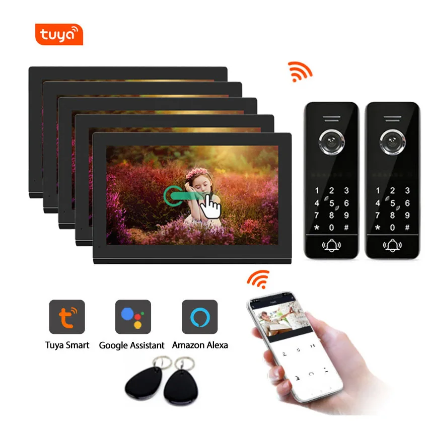 

Tuya Smart Home Video Intercom System 7 Inches Wireless WiFi Video Door Phone with 120° Wired Doorbell Camera 2Cameras+5Monitors