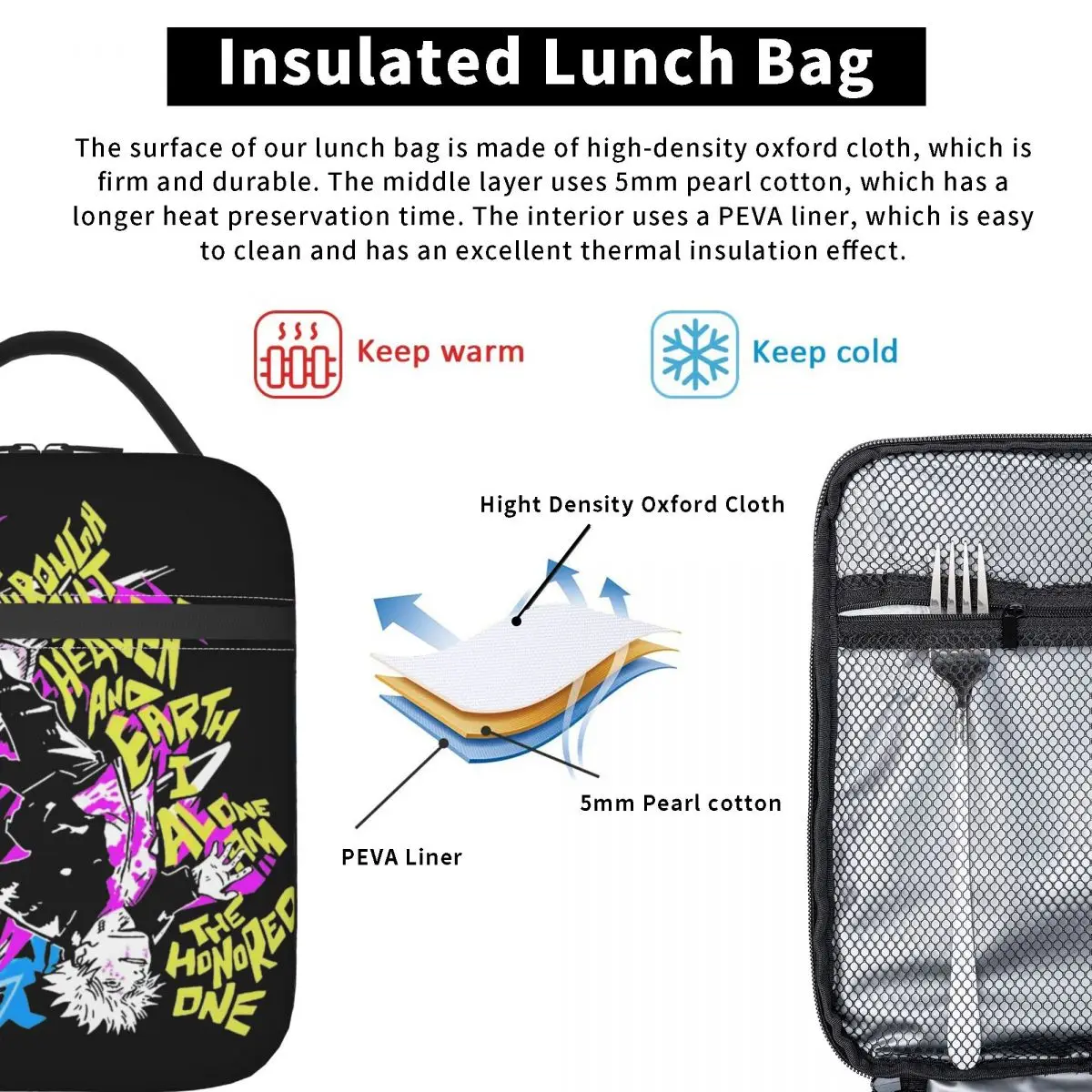 Jujutsu Kaisen Gojo Satoru Insulated Lunch Bags Leakproof Meal Container Thermal Bag Lunch Box Tote Office Outdoor Bento Pouch