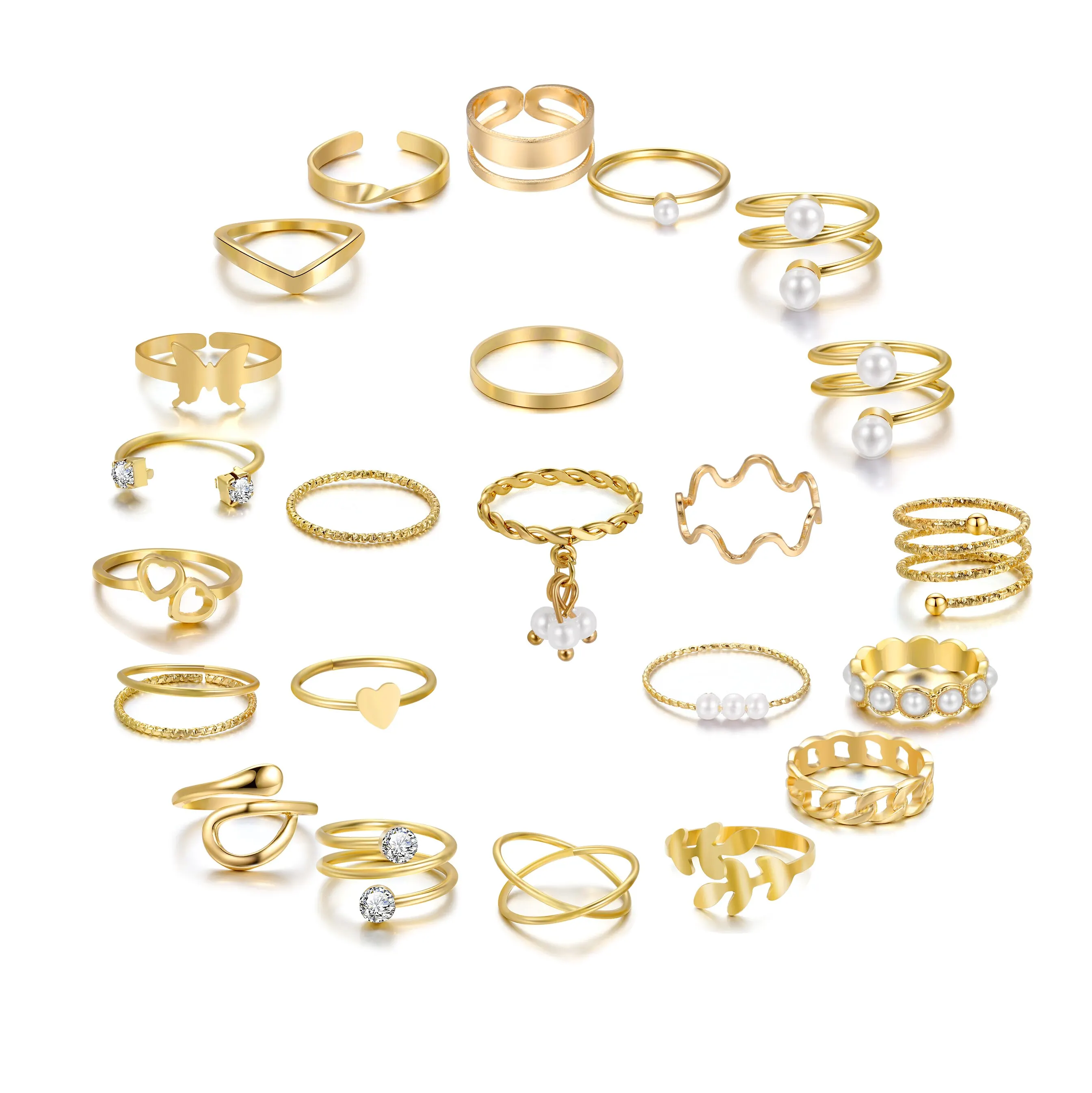 Sfe605ba761d2475598aa4e5825a30bd1A 22 Sets of Ladies Jewelry European And American New Creative Simple Temperament Spiral Fake-pearl Love Ring Gold-color Mallzona