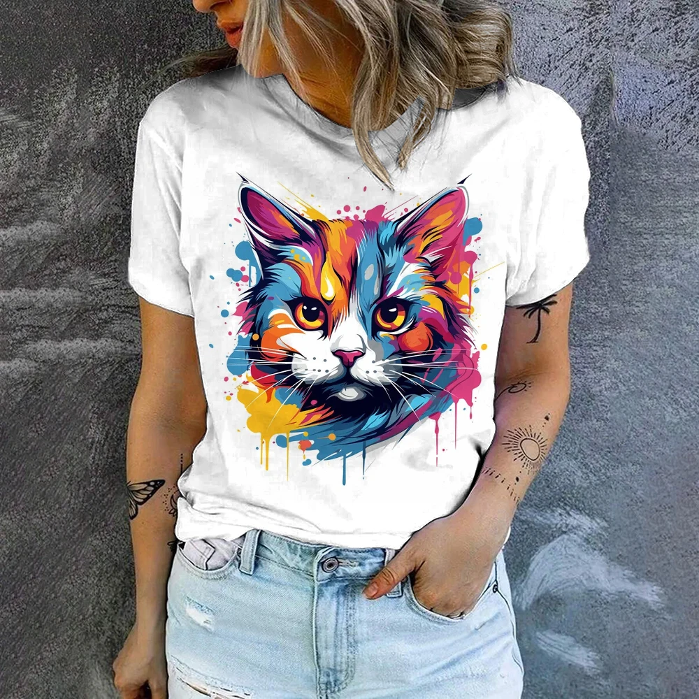 Casual Sports Comfortable O-Neck Short Sleeve Top Summer New Loose Breathable T-shirt Fashion Cat Print Women Short Sleeve