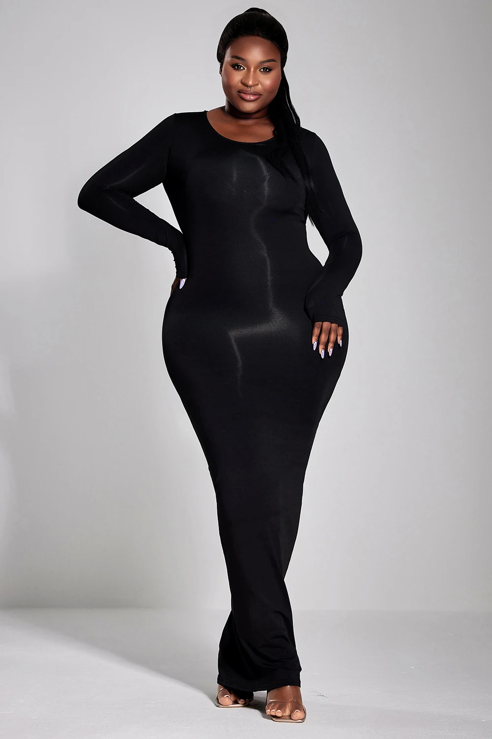 Plus Size Casual Dress Black Round-Neck Long Sleeve Knitted Maxi Dress