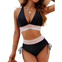 Women High Waisted Bikini Sets Tummy Control Swimsuits Color Block Two Piece Drawstring Bathing Suit Beach Swimwear