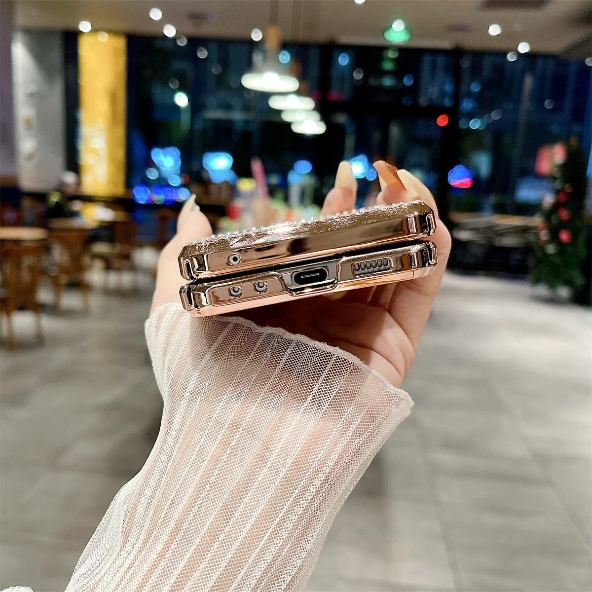 Coque de téléphone Samsung Galaxy Z Flip 5 4 3 5G, garniture en cuir Pu scintillante avec strass, charnière plaquée, couverture arrière en plastique_voghion.com