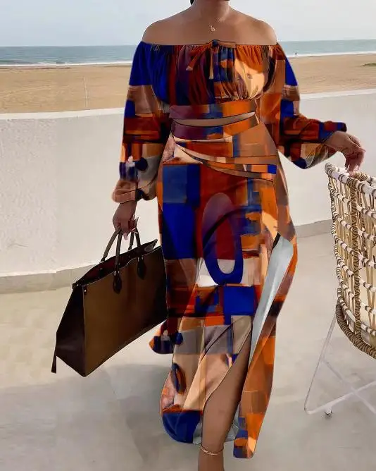 

2023 Women's New Spring/summer Leisure Fashion Lantern Long Sleeve and Mid Length Sweet Style Skirt Set