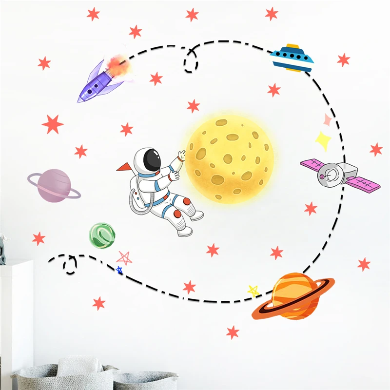 

Мультяшный астронавт Звездный Корабль ракета спутник наклейки на стену для детской комнаты украшение для дома Космос роспись искусство детская Наклейка ПВХ плакат