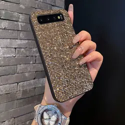 Luxury Glitter Golden Grid Leather Fashion Soft Phone Case - Shiny Protective Back Cover - Galaxy S10 5G (Golden)