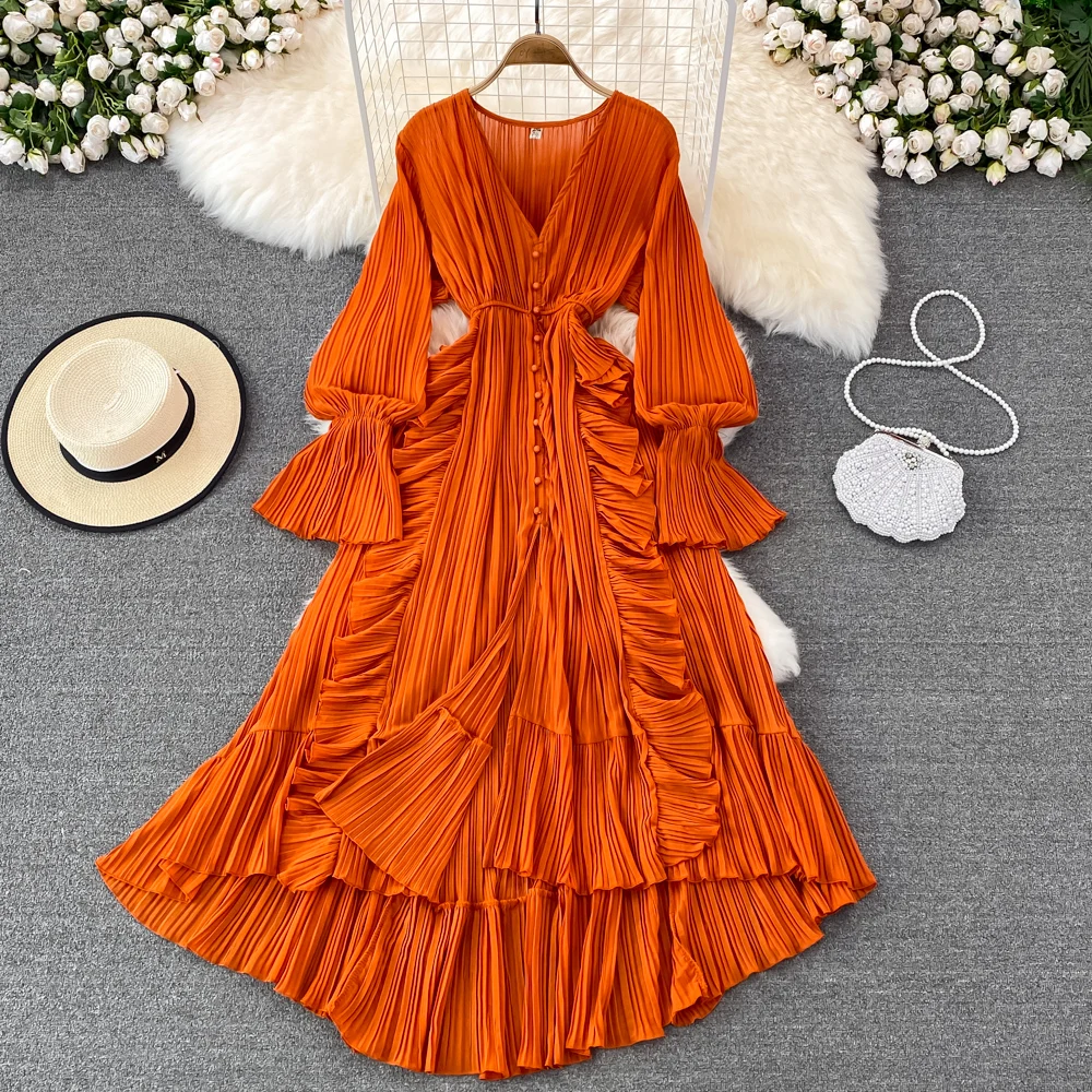 

Women Spring Dress Ladies Puff Long Sleeve V-Neck Ruffles Retro Folds Dresses Female Lace Crochet Pleated Mid-calf Dress